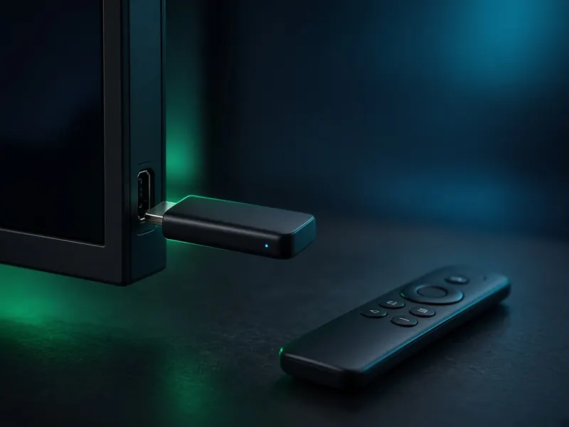 Pendrive de streaming conectado na entrada HDMI de uma TV, com controle remoto ao lado